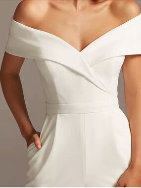 David's Bridal Cuffed Off-the-Shoulder Stretch Crepe Jumpsuit